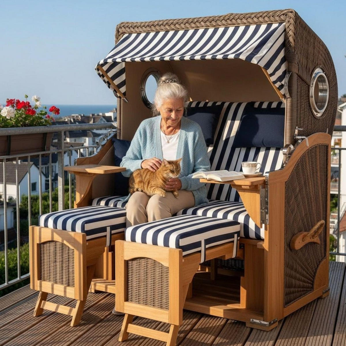 STRANDKORB Düne 2 Sitzer Teak PE Grey - Blau/Braun, Holz/Metall (125/170/80cm) - Mr. Deko