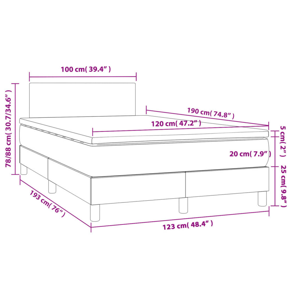 BOXSPRINGBETT Mit Matratze Schwarz 120/190 Cm Stoff - Weiß, Textil (120/190cm) - vidaXL