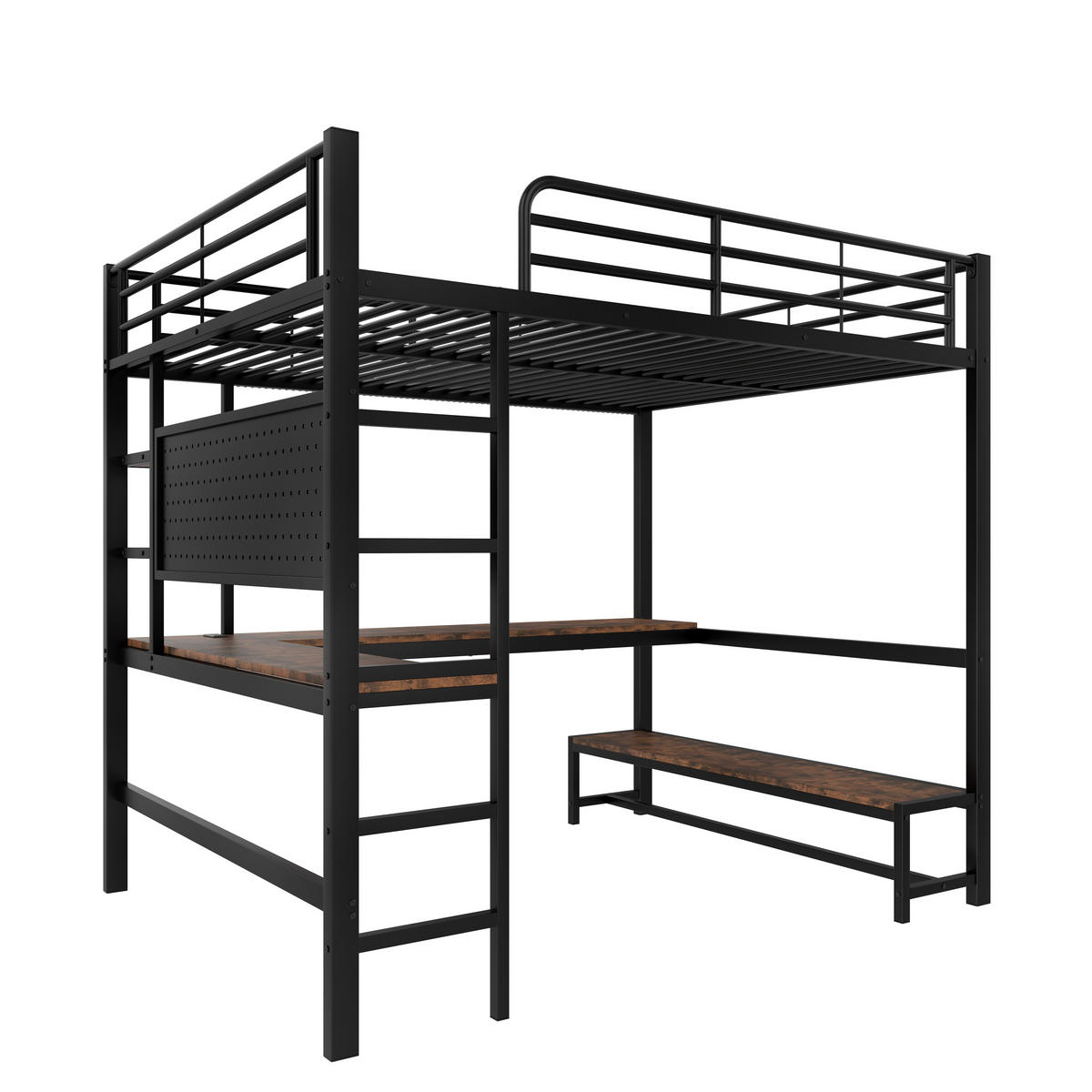 HOCHBETT 140/200 cm in Schwarz mit Schreibtisch, Ablagen, LED und USB/Type-C - Schwarz, Holzwerkstoff/Metall (140/200cm) - STILVORA