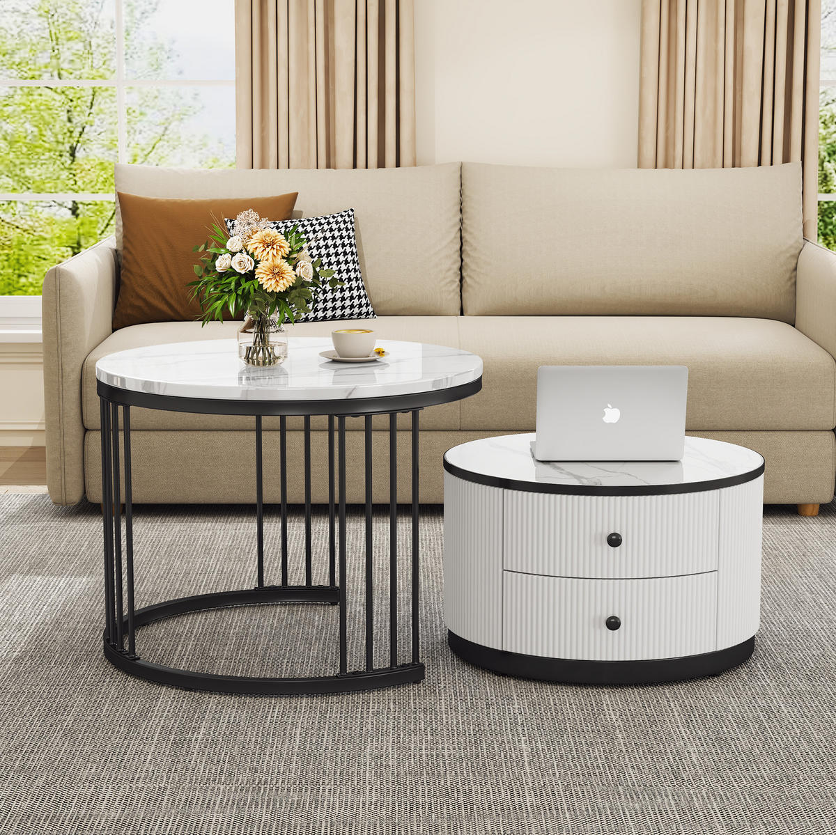 COUCHTISCH-SET 60/60/45,5 & 50/50/32 cm in Weiß/Schwarz mit 2 Schubladen - Weiß, Holzwerkstoff (60/60/45cm) - Flora Grace