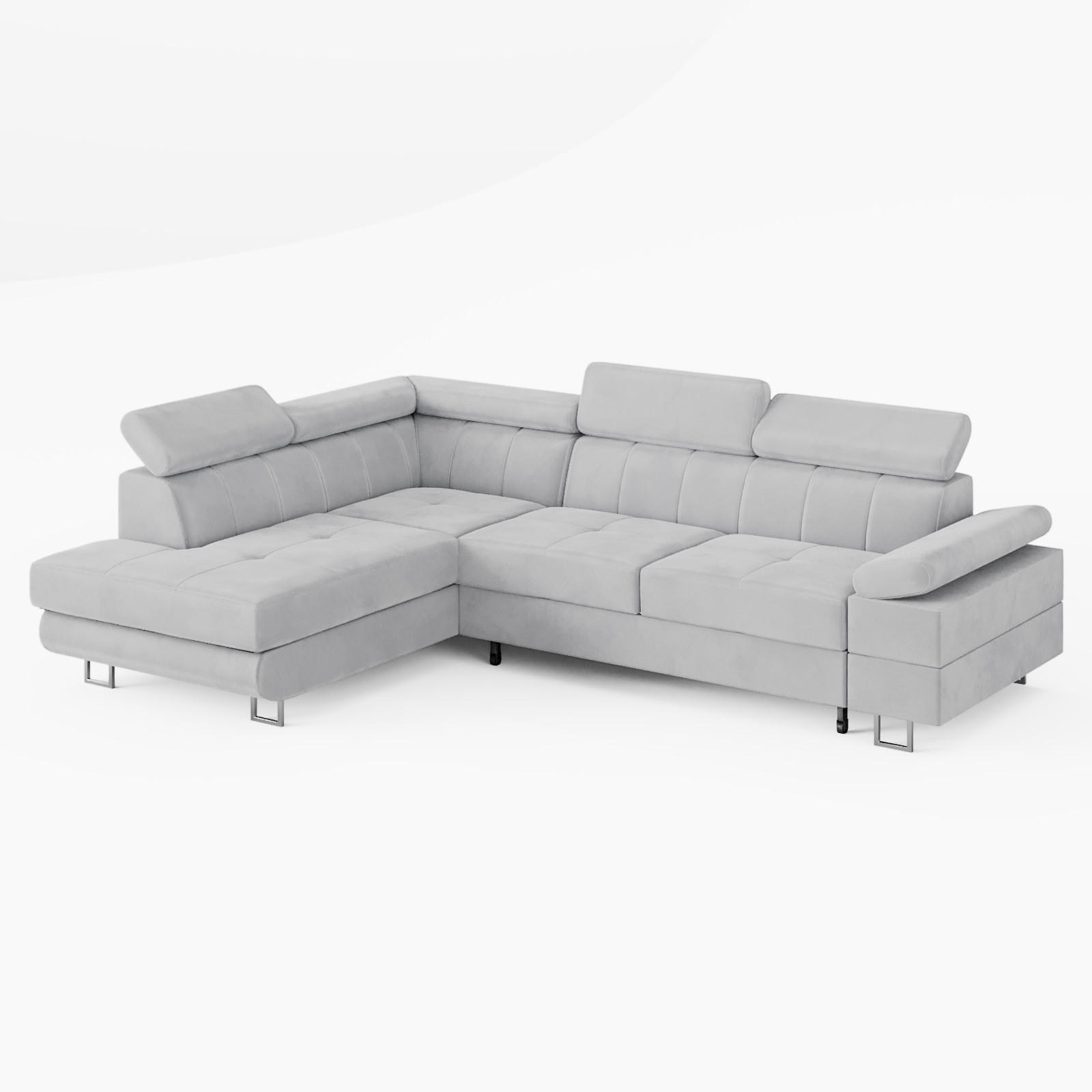 ECKSOFA CAROLINE Links Hellgrau Velours-Stoff mit Schlaffunktion und Bettkasten - Chromfarben/Hellgrau, Textil (253/190cm) - Barchello