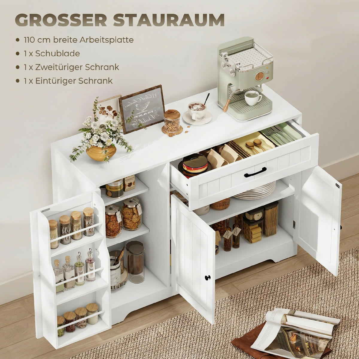 SIDEBOARD Weiß, 110/40/80 cm, 1 Schublade - Weiß, Holz (110/80/40cm) - PANGIVO