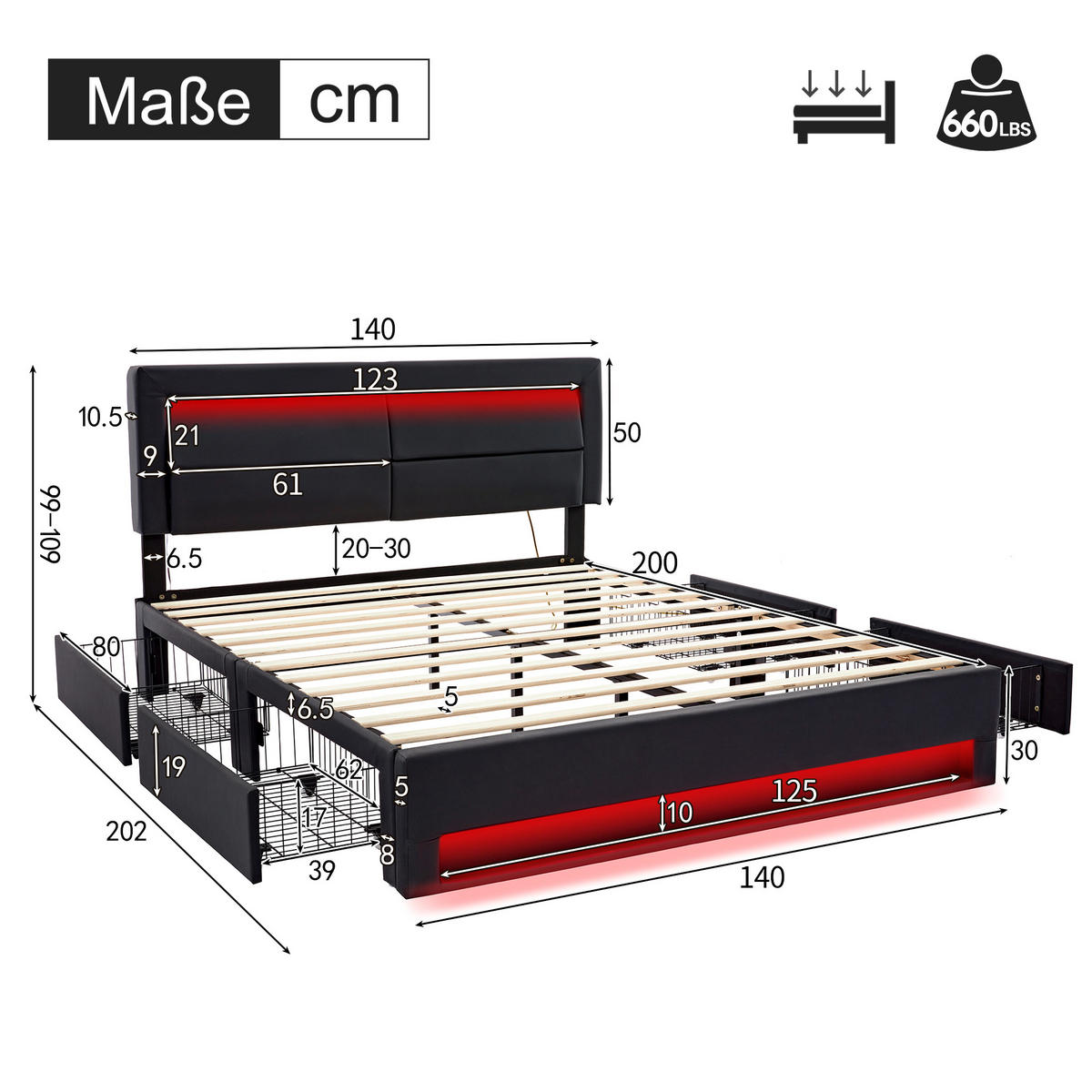 POLSTERBETT 140/200 cm Schwarz mit USB-Anschluss und LED-Beleuchtung - Schwarz, Kunststoff (140/200cm) - OKWISH