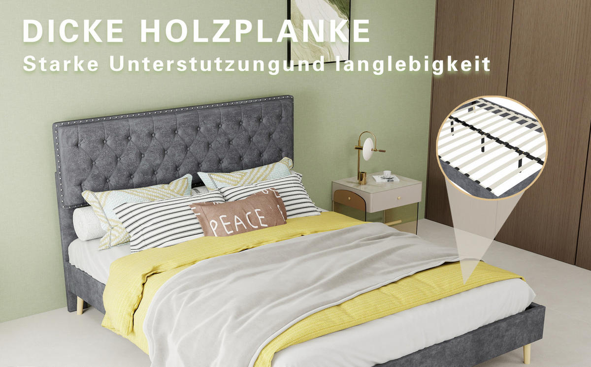 POLSTERBETT 140/200 cm mit Matratze, hohem Kopfteil, Stauraum unter dem Bett und Holzlattenrost, Grau - Grau, Textil (140/200cm) - Redom