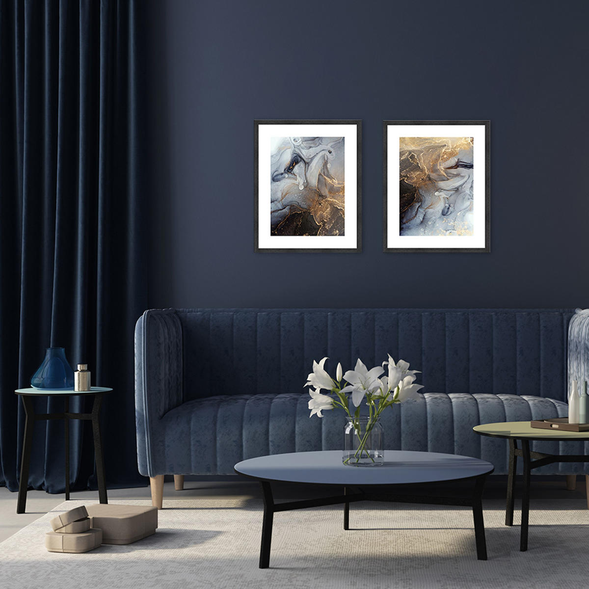 POSTER mit Rahmen 40x50 cm abstrakt blau gold - Blau, Holz (41/51cm) - artissimo