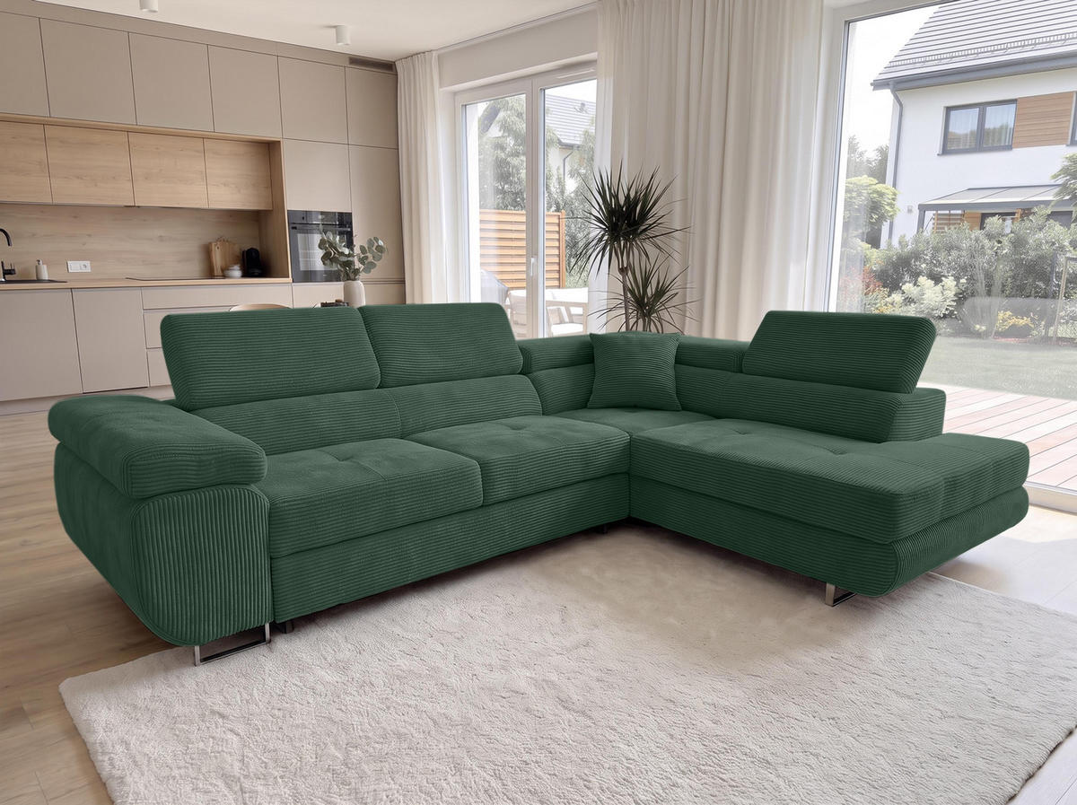 ECKSOFA L Form Konak Flaschengrün 276/201/90 cm Rechts mit Schlaffunktion - Dunkelgrün/Silberfarben, Textil/Metall (276/203cm) - AX Living