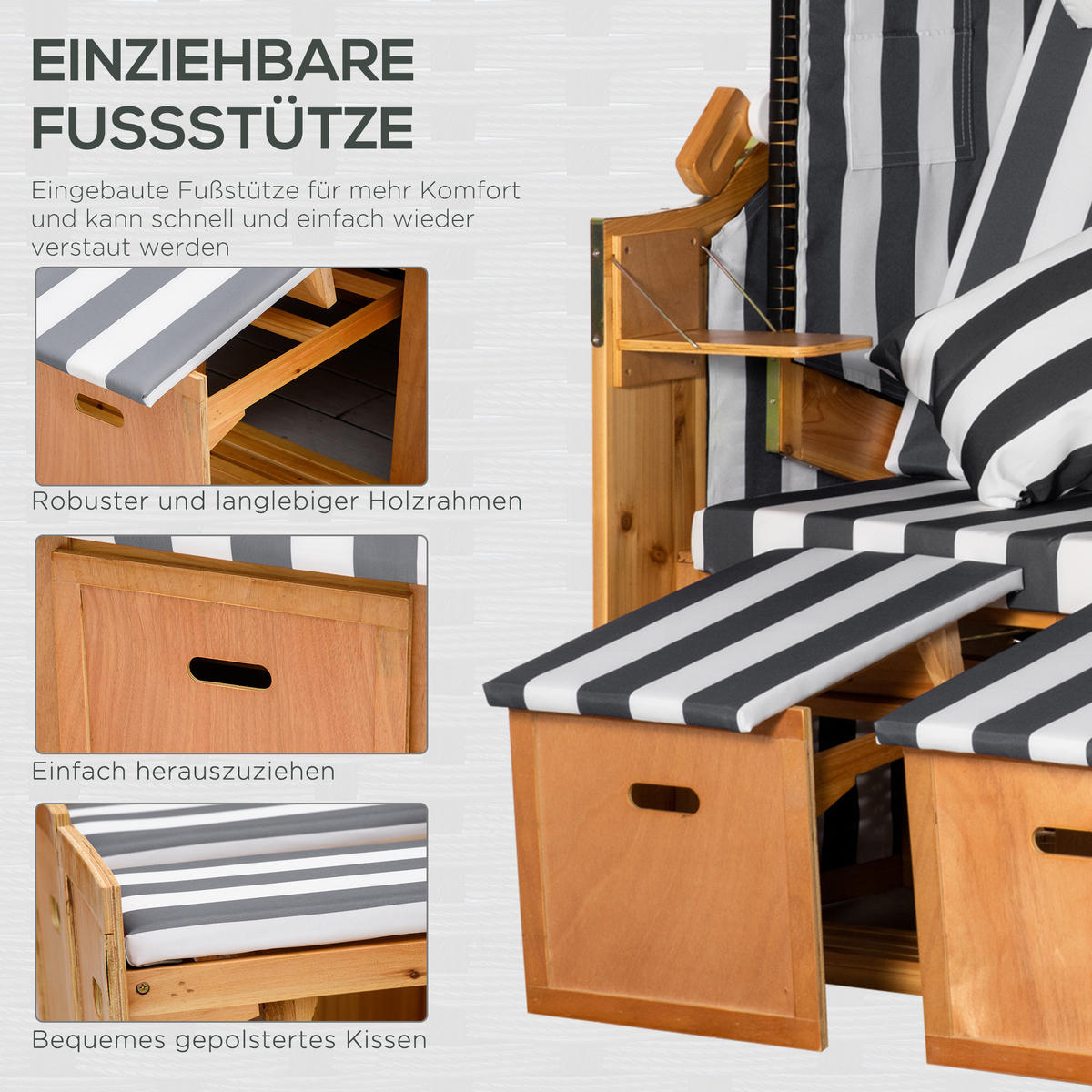 DOPPELTE Sonnenliege mit Dach 5-stufige Rückenlehne PE-Rattan Grau+Weiß 118 x 79 x 160 cm - Grau, Kunststoff (79/160/118cm) - Outsunny