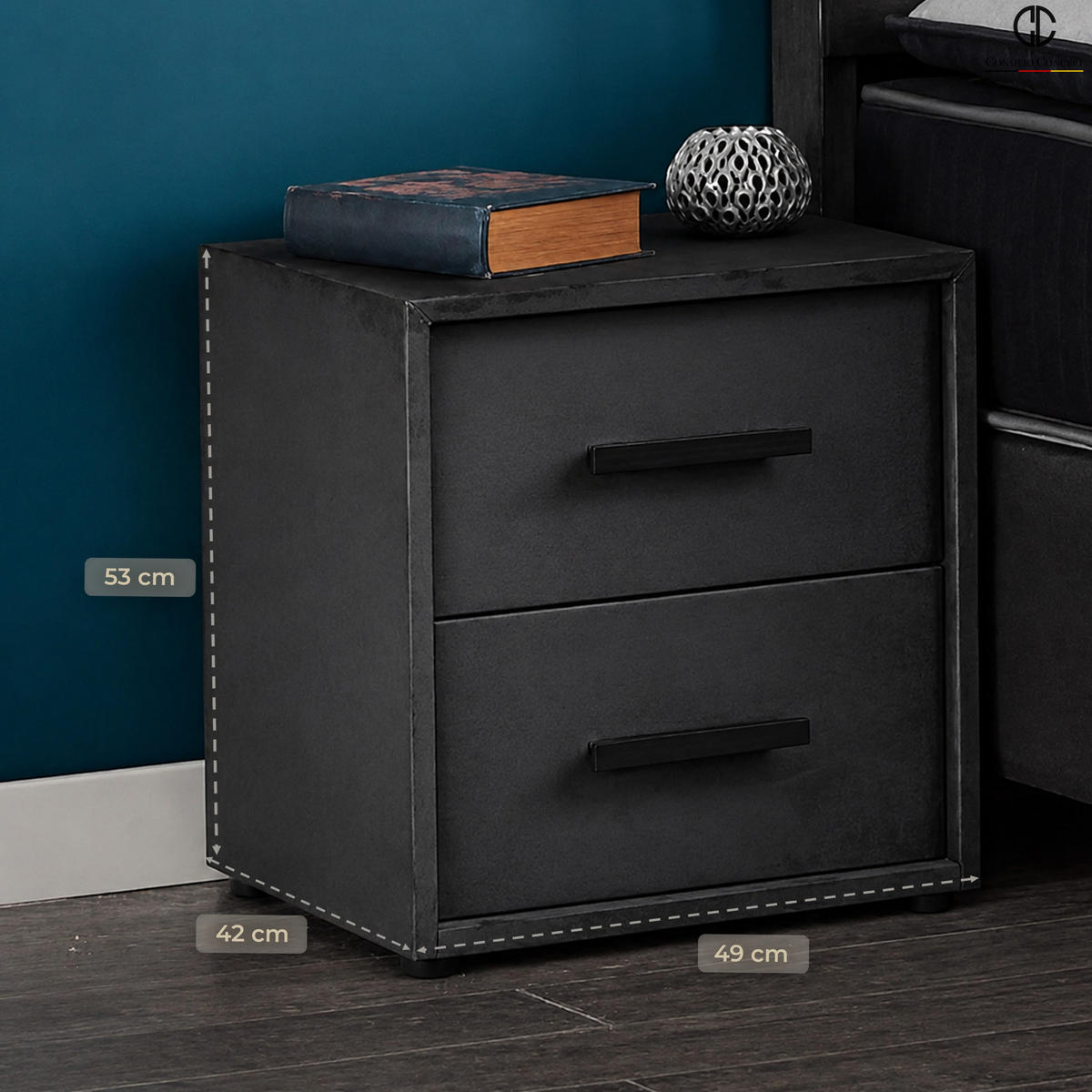 NACHTTISCH NAPOLI 49/53/42 cm, Schwarz, zwei Schubladen - Schwarz/Braun, Holz/Kunststoff (49/42/53cm) - Consilio Concept