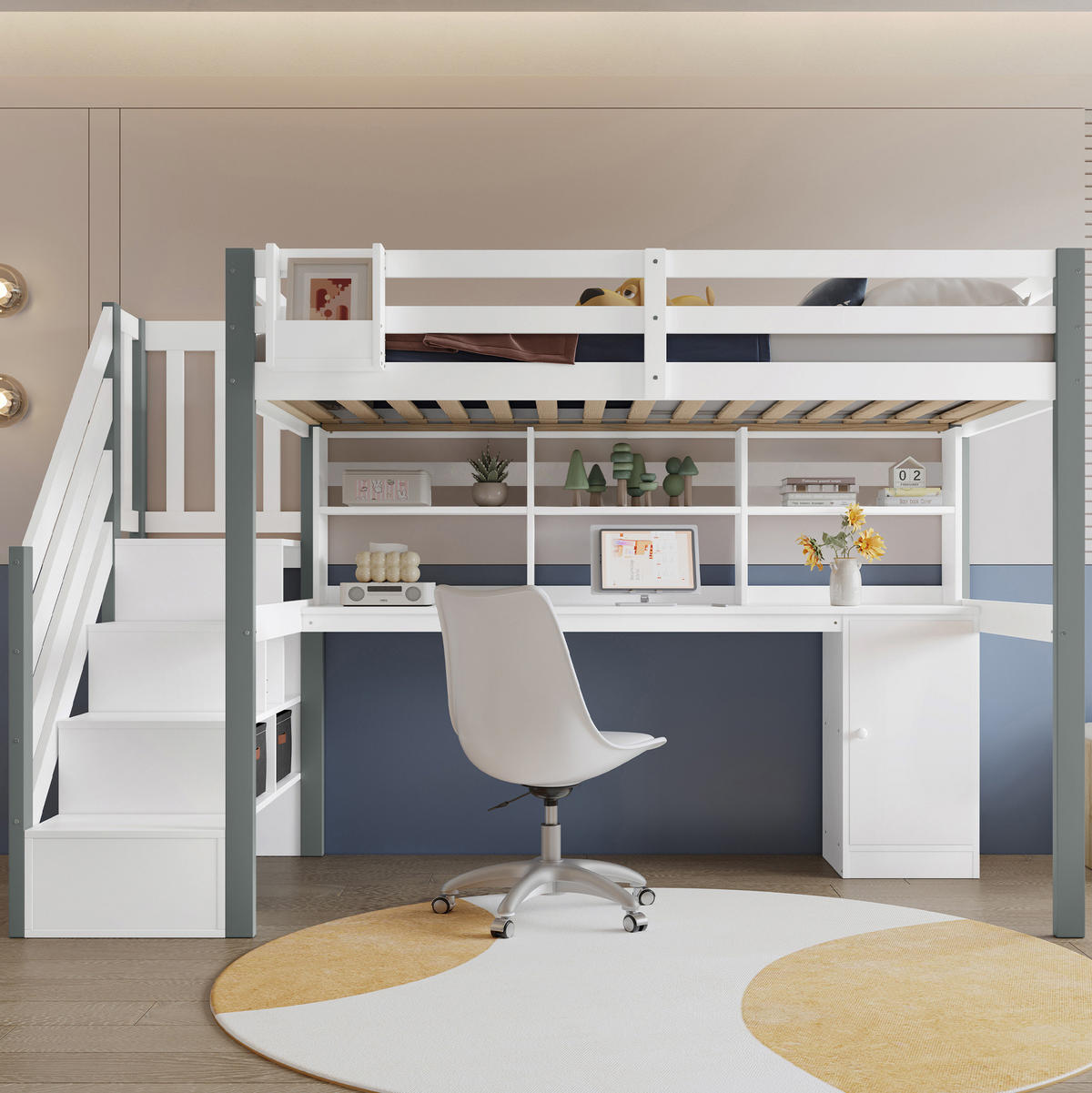 HOCHBETT 90/200 cm Weiß/Grau aus Massivholz und MDF mit Schreibtisch und Stauraum - Weiß, Holz (90/200cm) - OKMYHOME