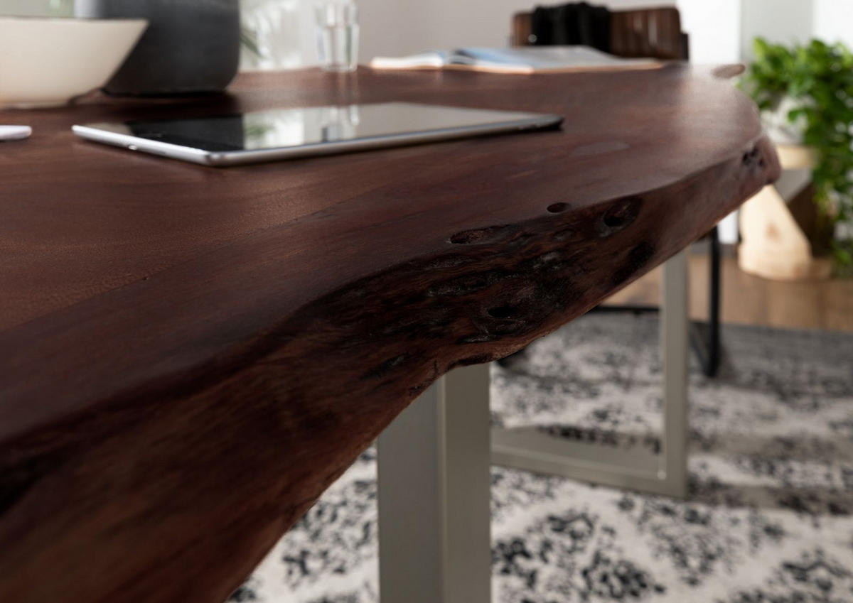 BAUMTISCH Akazie 120x90x76 braun Beine silber matt FREEFORM 3 - Braun, Holz (90/120/76cm) - Massivmoebel24