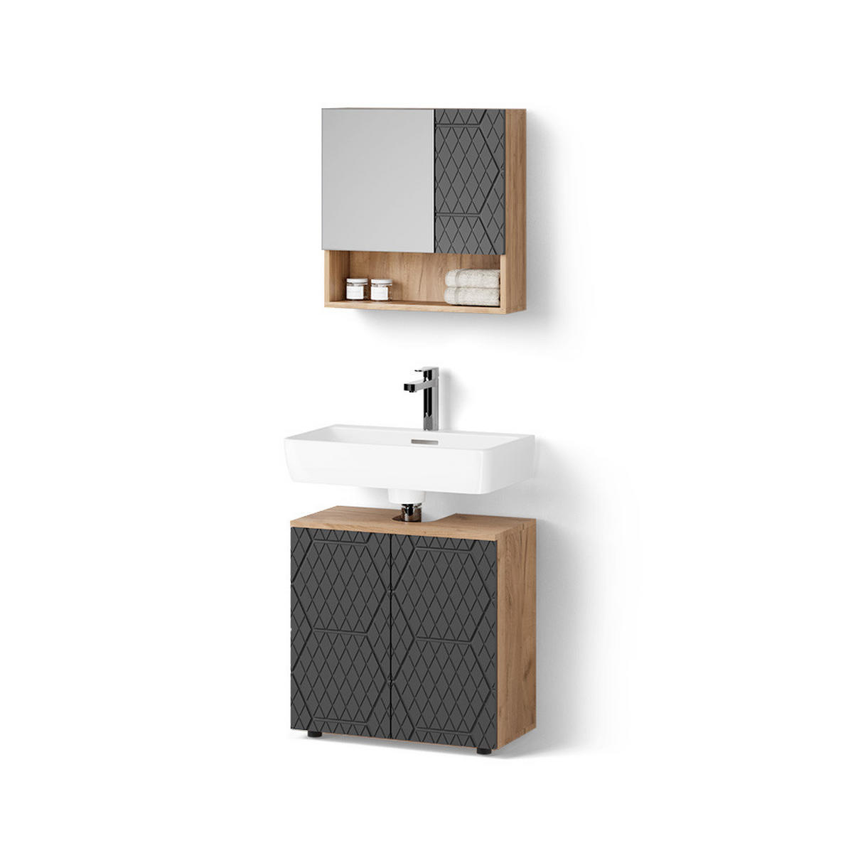BADMÖBEL-SET Ronco Anthrazit gestreift 2 Teile, Unterschrank 60 cm - Anthrazit, Holzwerkstoff (60/59/30cm) - Livinity®