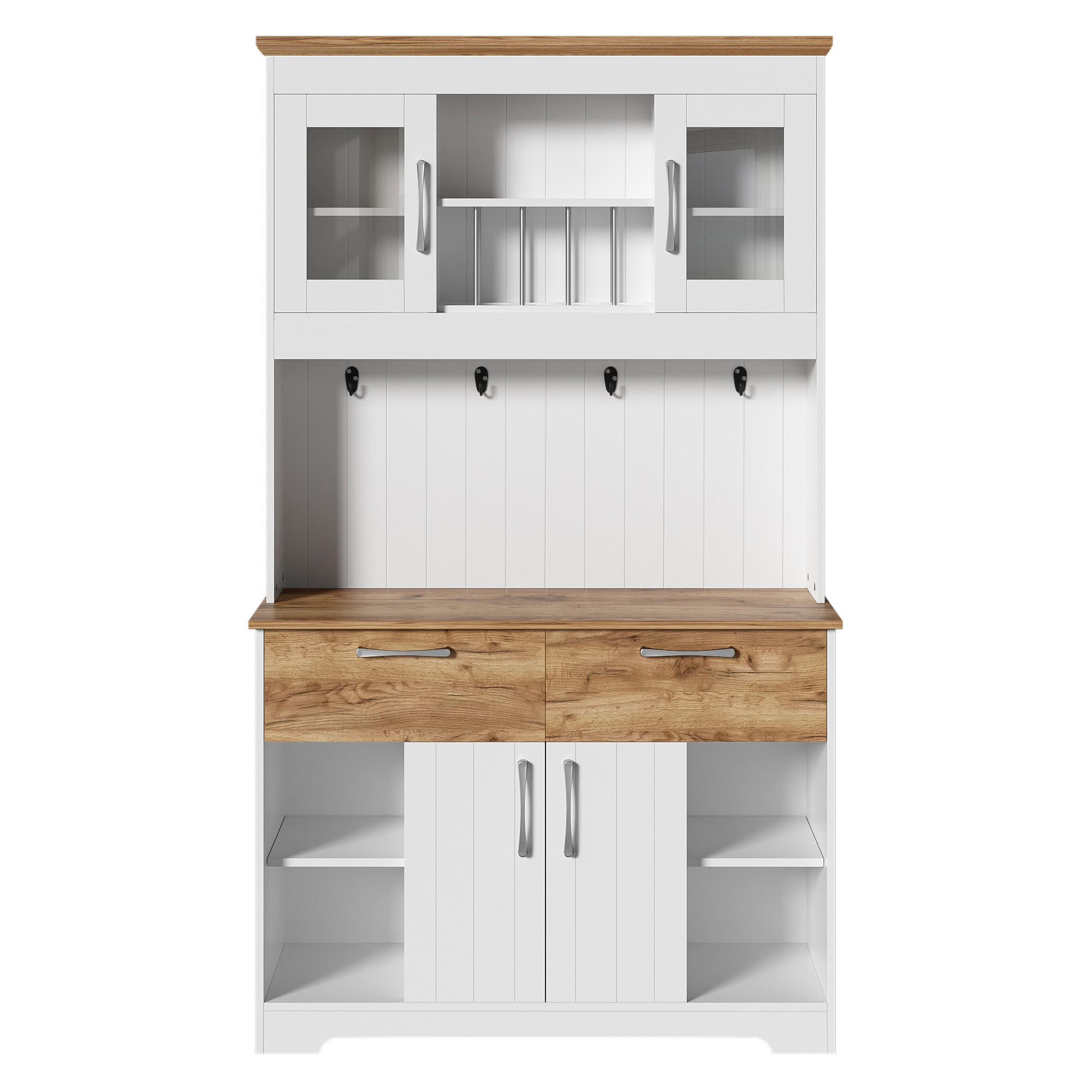 Urban Meuble HIGHBOARD v bílé barvě a dekoru dřeva, spousta úložného prostoru a s vitrínovými přihrádkami