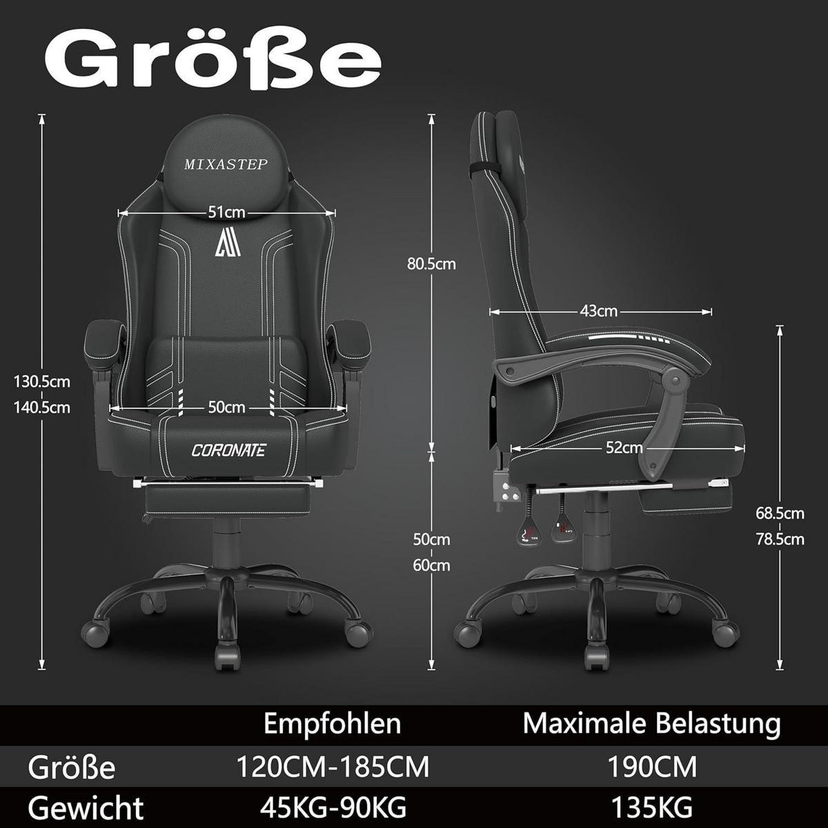 GAMING Stuhl Ergonomisch mit Verstellbarer Rückenlehne Weiß - Schwarz, Kunststoff (50/128/52cm)