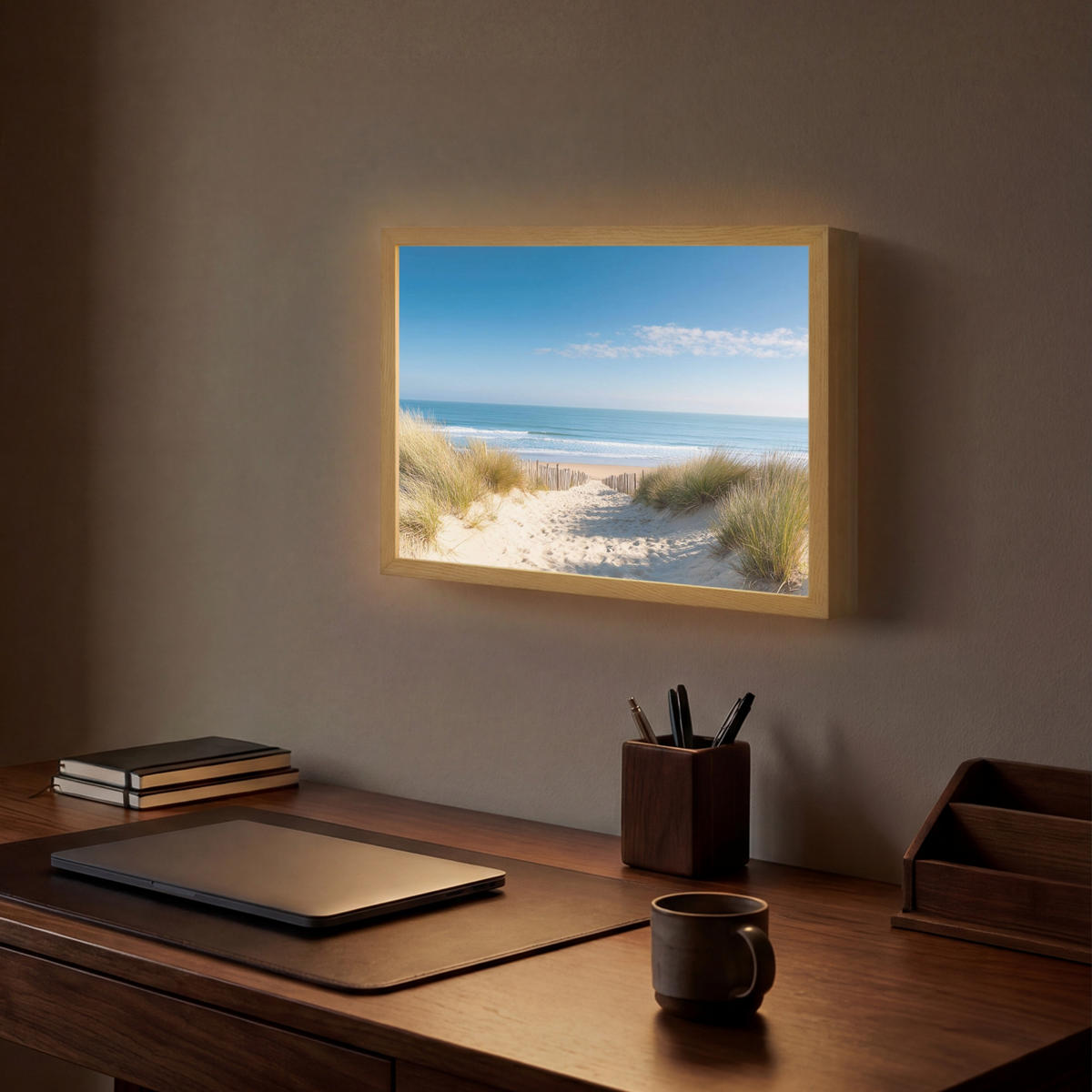 NÁSTĚNNÁ LAMPA S AKUMULÁTOREM Pláž - moře - duny - písek - léto 40x30 cm - písková barva, kompozitní dřevo (40/30/8cm) - OnlyWow