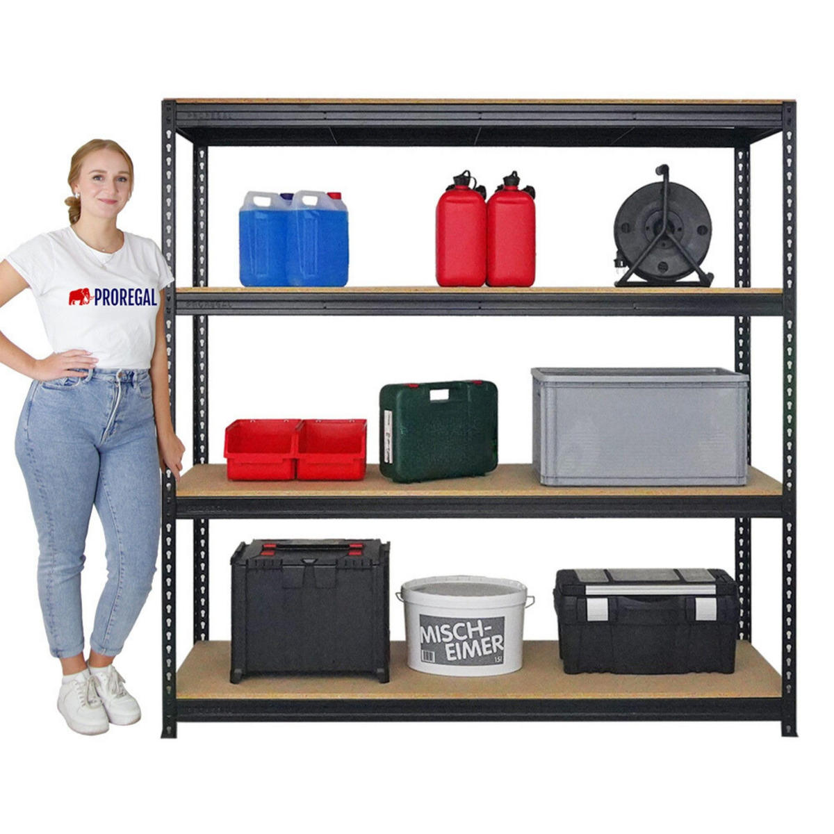 SCHWERLASTREGAL Bison 2er-Set mit 2x 200x200x60 cm 4 Fachböden Fachlast 600 kg Schwarz - Schwarz, Metall (400/200/60cm) - PROREGAL