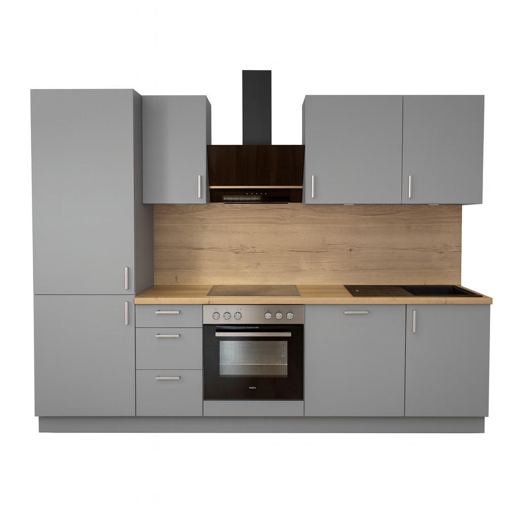 KÜCHENLEERZEILE „Dresden“ 270 cm – ohne E-Geräte – Steingrau – mit Zubehör - Edelstahlfarben/Grau, Holzwerkstoff/Metall (270/210/60cm) - GEBA