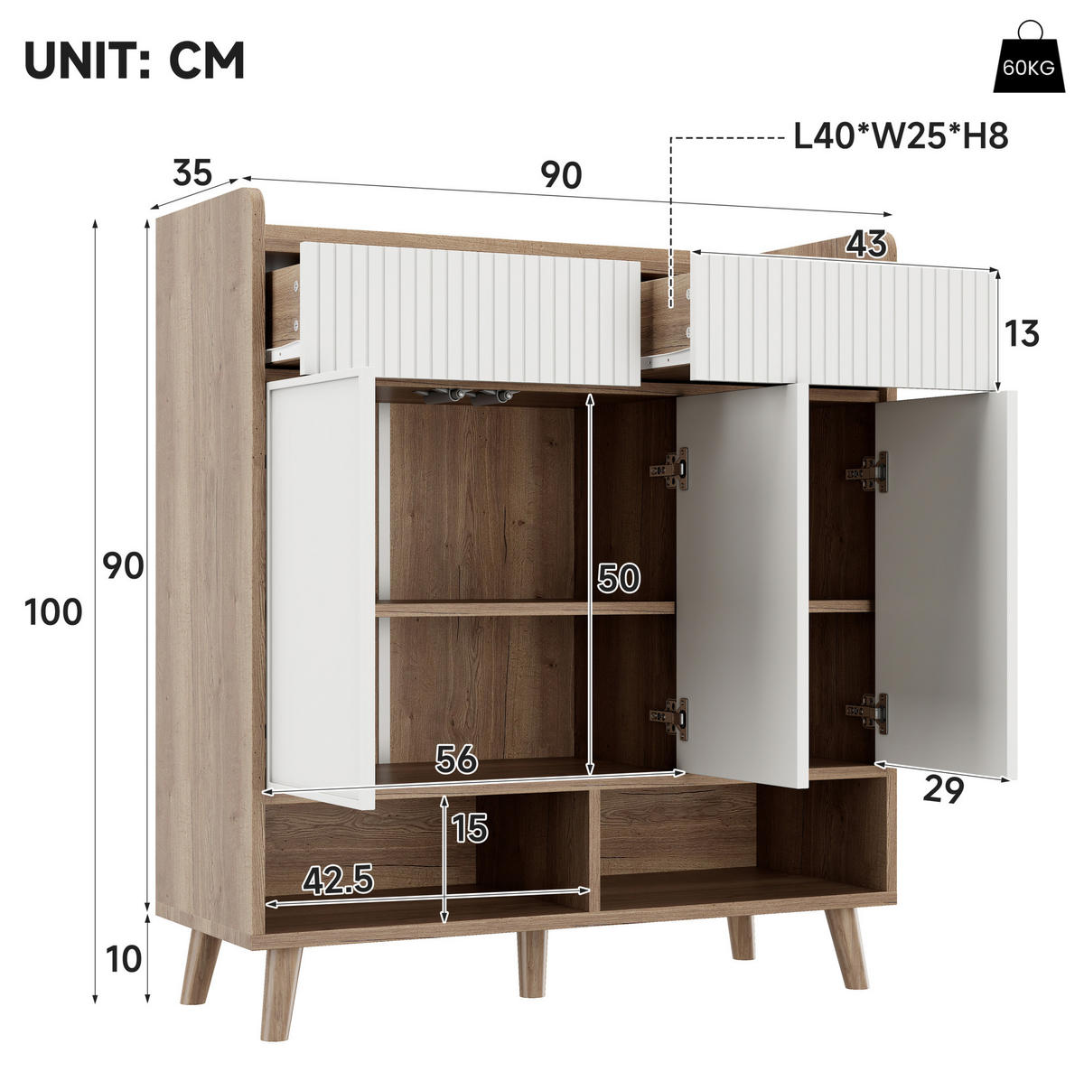 SCHUHSCHRANK 90/35/100 cm mit 3 Türen, 2 Schubladen und Holzbeinen - Weiß, Holzwerkstoff (90/100/35cm) - BEAOK