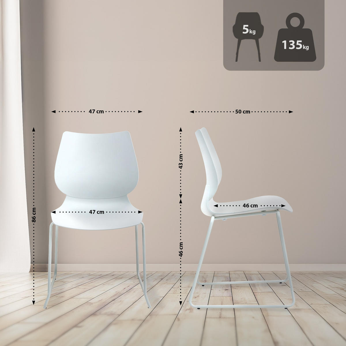 BESUCHERSTUHL Kunststoff Weiß - Weiß, Kunststoff/Metall (47/86/50cm) - CLP