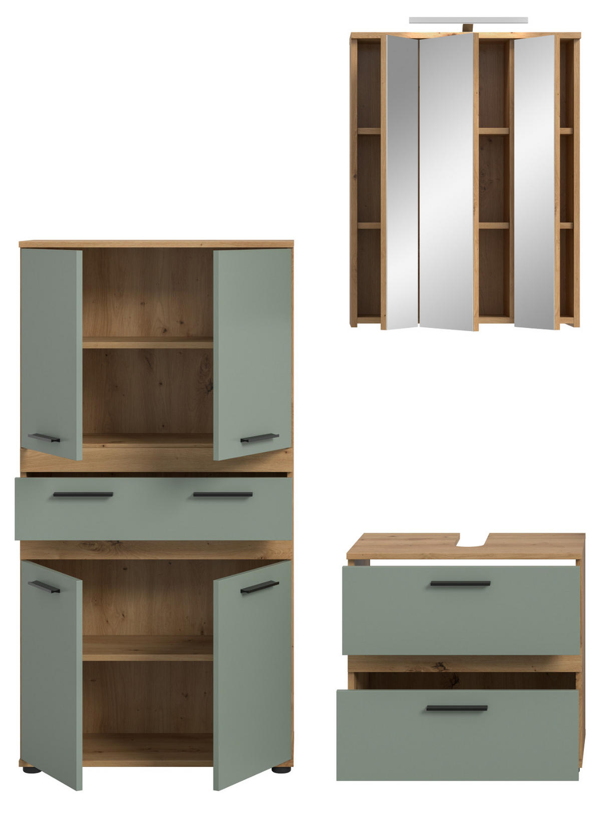 BADMÖBEL-SET 3-teilig Salbei grün, Artisan Eiche 147 cm, Badkombination inklusive LED Beleuchtung - Salbeigrün/Schwarz, Glas/Holzwerkstoff (147/191/34cm) - Inn.Furn
