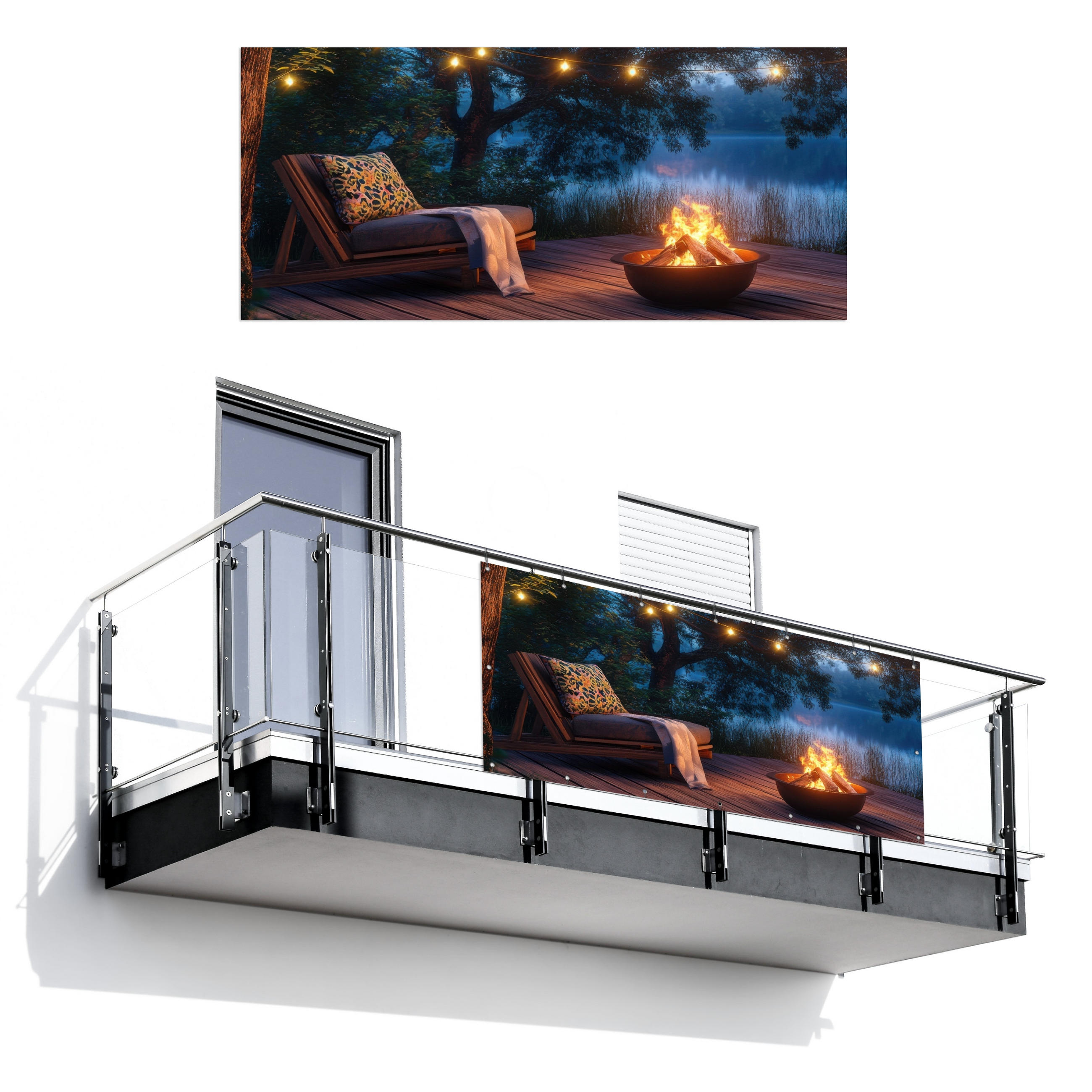 BALKON-SICHTSCHUTZ Lagerfeuer - See - Abendlicht - Dunkelblau, Kunststoff (200/90cm) - MuchoWow