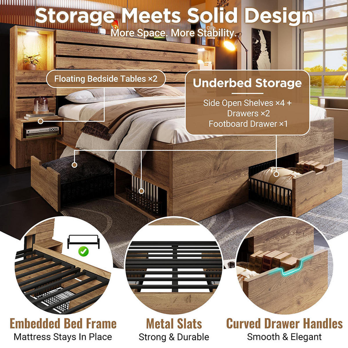 DOPPELBETT 160x200 cm mit LED-Downlights und USB Type-C in Eichenoptik, ohne Matratze - Eichefarben, Holz (200/160cm)