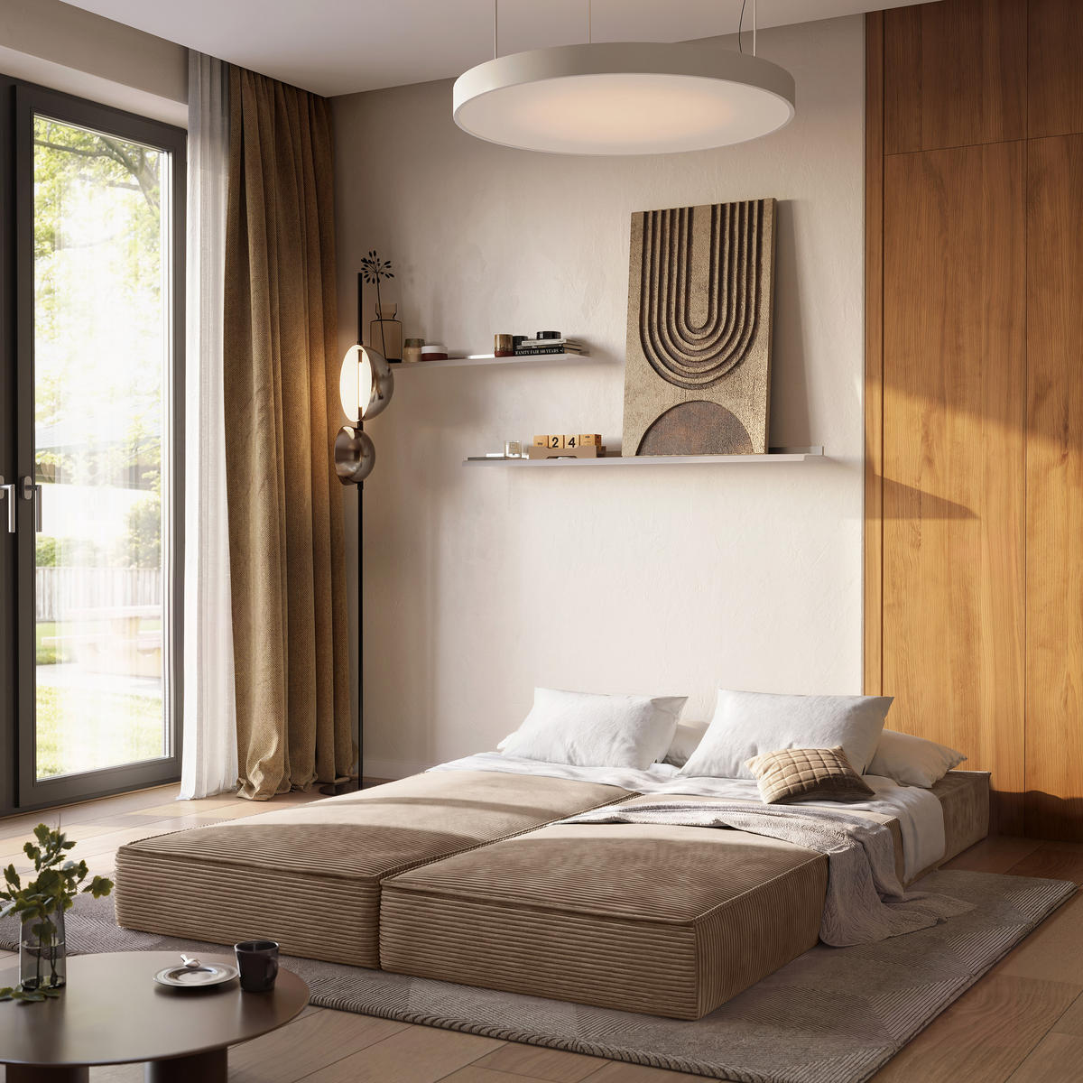 ECKSOFA NOTIA modulares Boneless Sofa mit Schlaffunktion Beige Cordstoff - Beige, Textil (200/120cm) - MASSENO