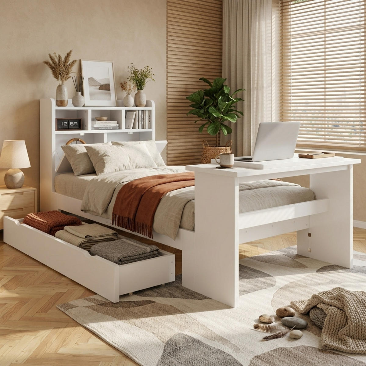 BETT mit Stauraum und Klapptisch 90x200 cm Weiß 3-tlg. - Weiß, Holz (90/200cm) - Meubliv
