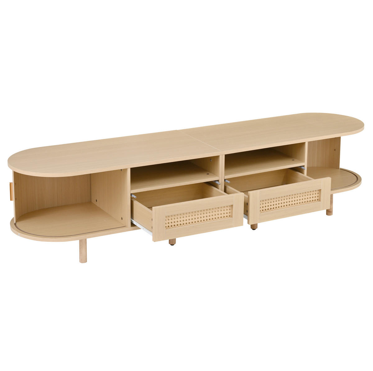 TV-BOARD aus MDF 170x40x40 cm Helles Eichenholz mit 2 Schubladen, 2 Schiebetüren und ovaler Form - Naturfarben, Holzwerkstoff (170/40/40cm) - Modfu