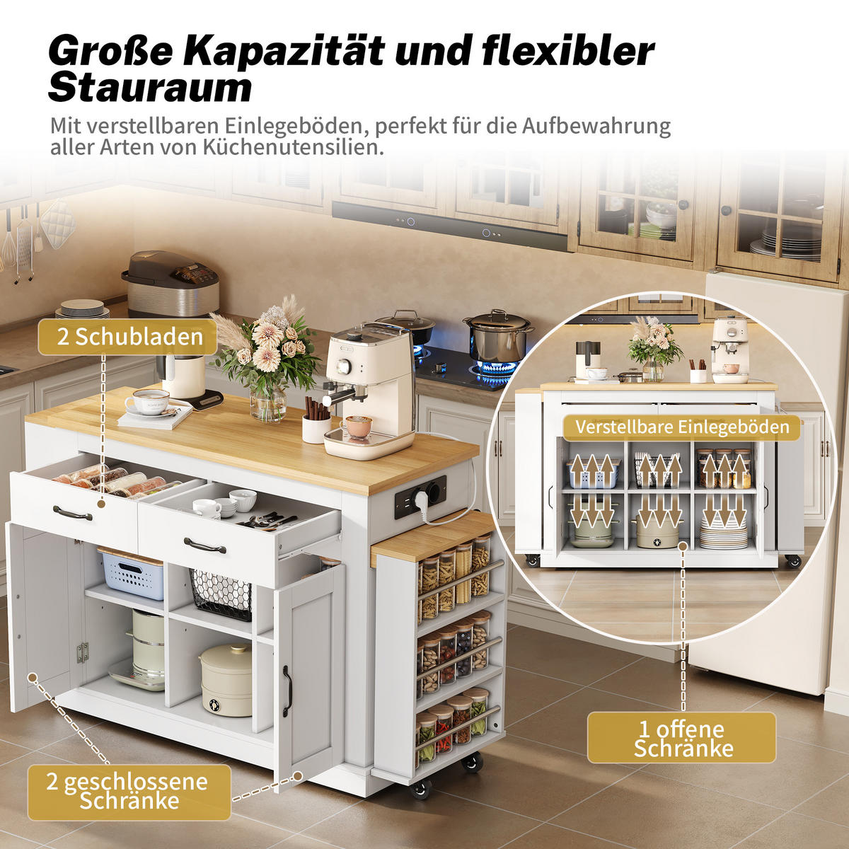 KÜCHENINSEL 133.5/60/93 cm Weiß mit 2 Schubladen, 2 ausziehbaren Arbeitsflächen und 2xUSB-Anschlüsse - Weiß, Holz/Holzwerkstoff (142/93/55cm) - Oxeza