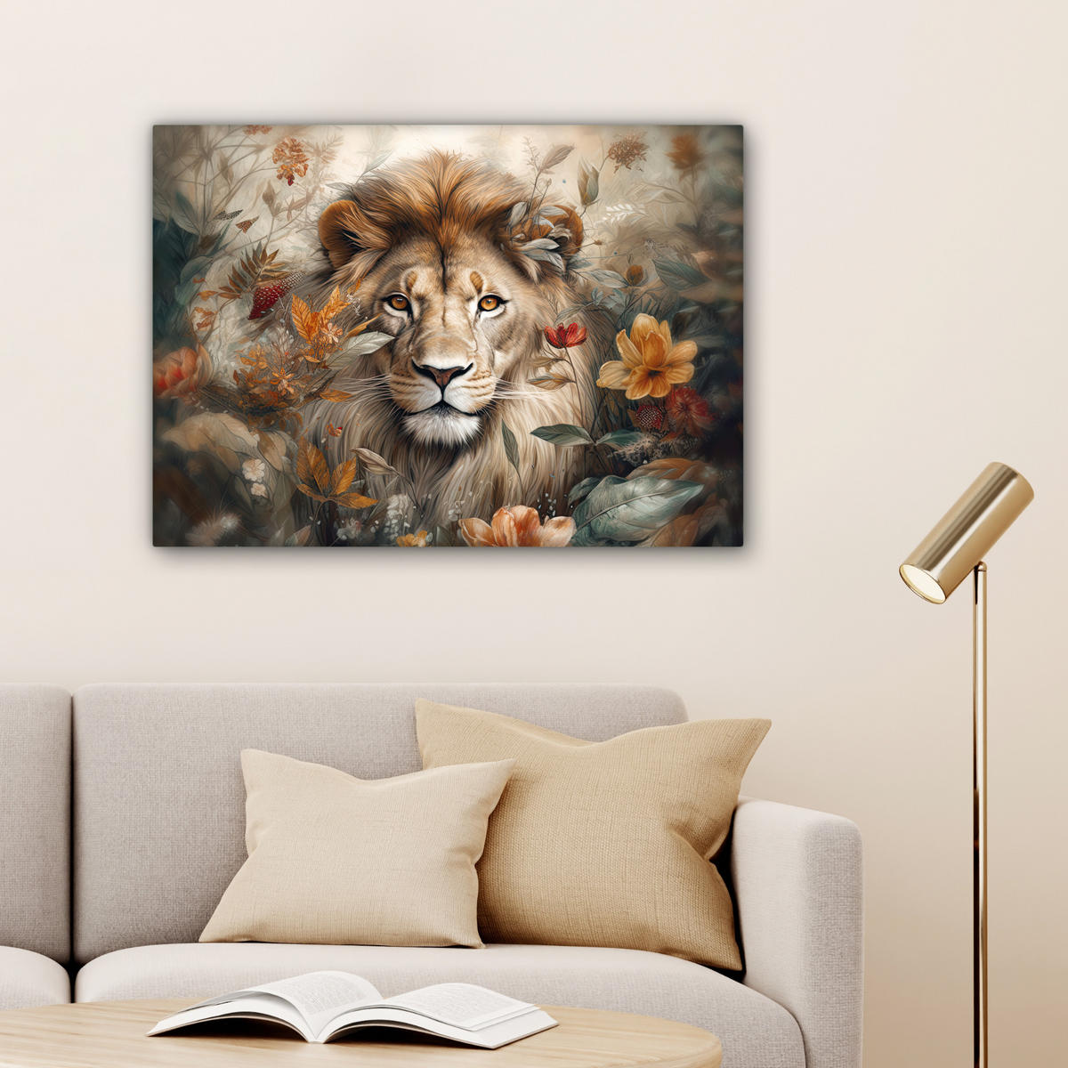 LEINWANDBILD Löwe - Wildtiere - Pflanzen - Natur - Blumen Wandbilder 80x60 cm - Beige, Textil (80/60cm) - MuchoWow