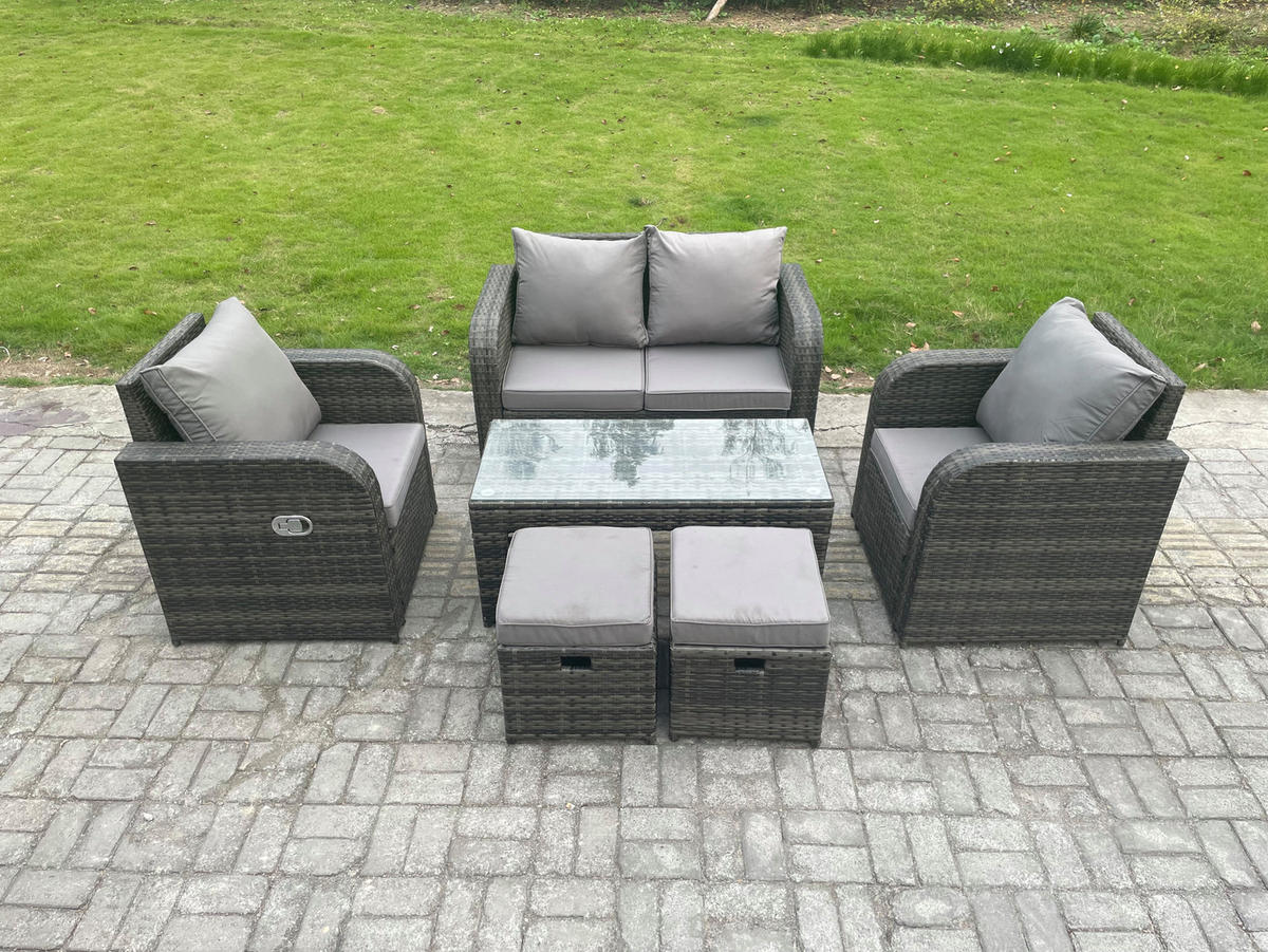 GARTENMÖBEL SET mit Sofa Polyrattan 6-Sitzer Dunkelgrau - Dunkelgrau/Grau, Glas/Kunststoff - Fimous