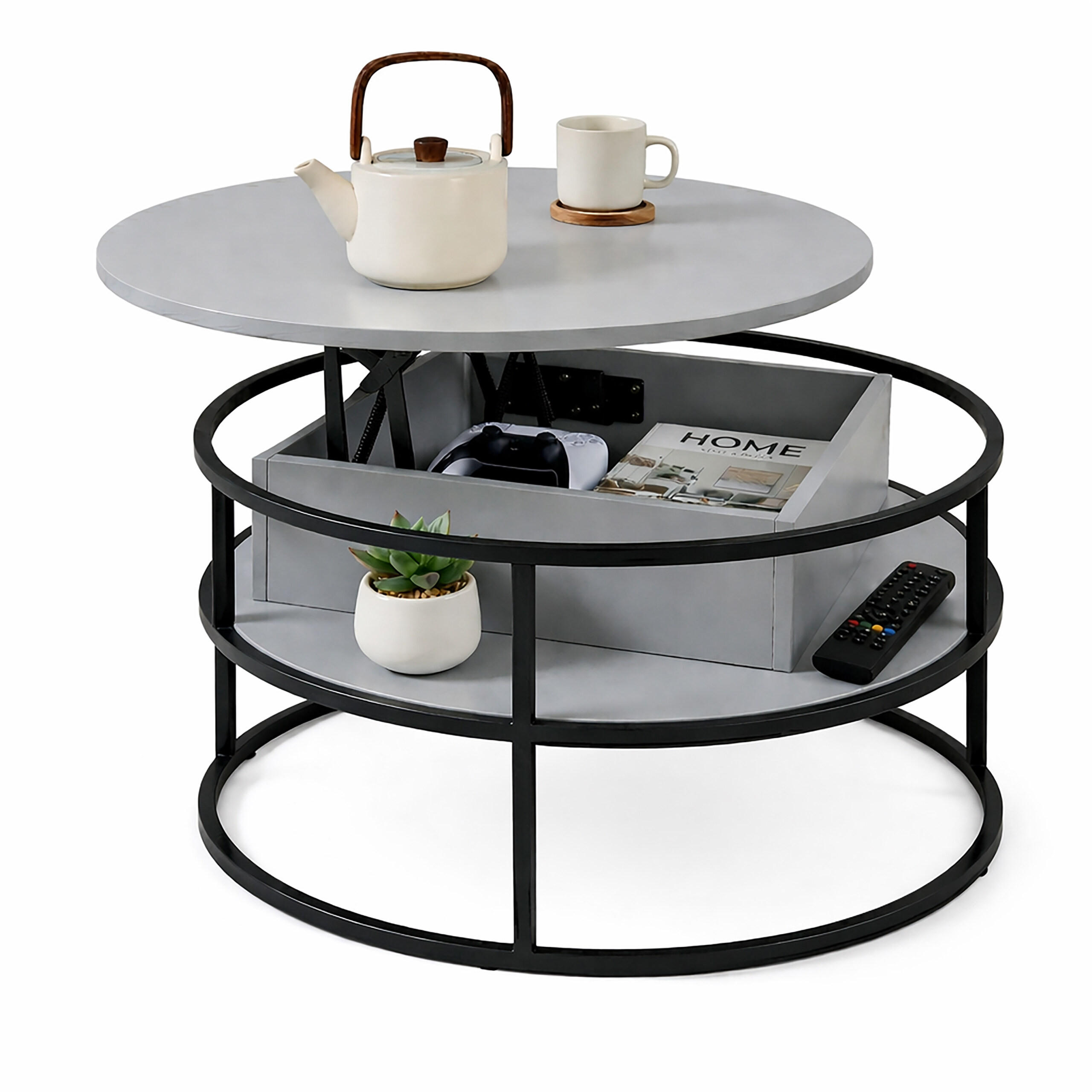 Relaxdays STOLEK Šedý výškově nastavitelný se zvedací deskou úložný prostor 80 cm