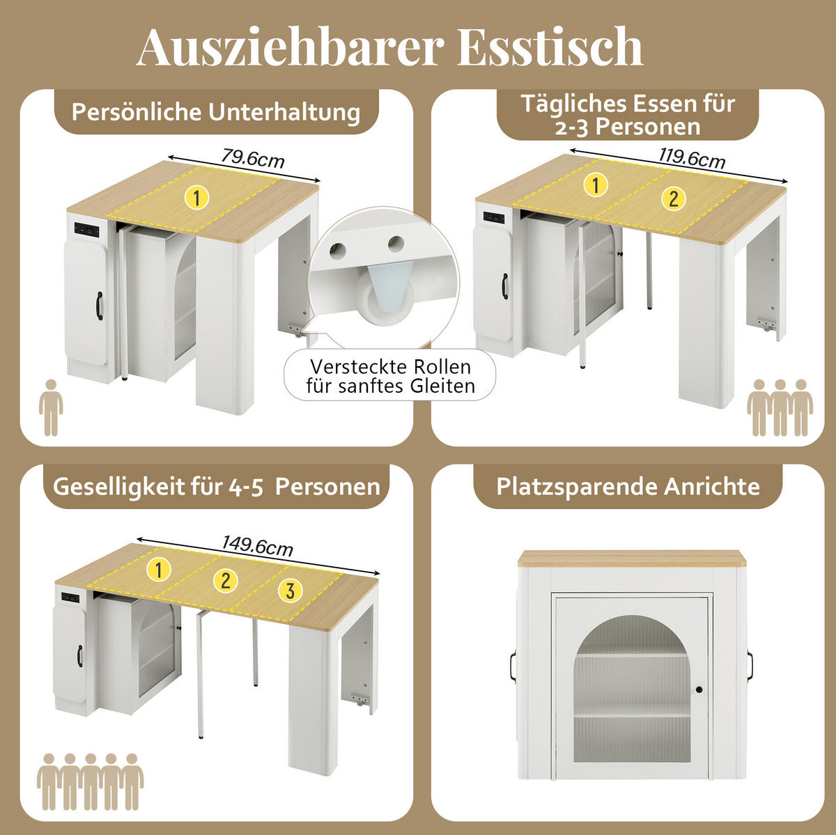 KÜCHENINSEL 83/39,6-149,6/77 cm aus MDF und Glas mit ausziehbarer Tischplatte Weiß/Naturfarben - Weiß, Holzwerkstoff (83/77/39.6cm) - Modenvie