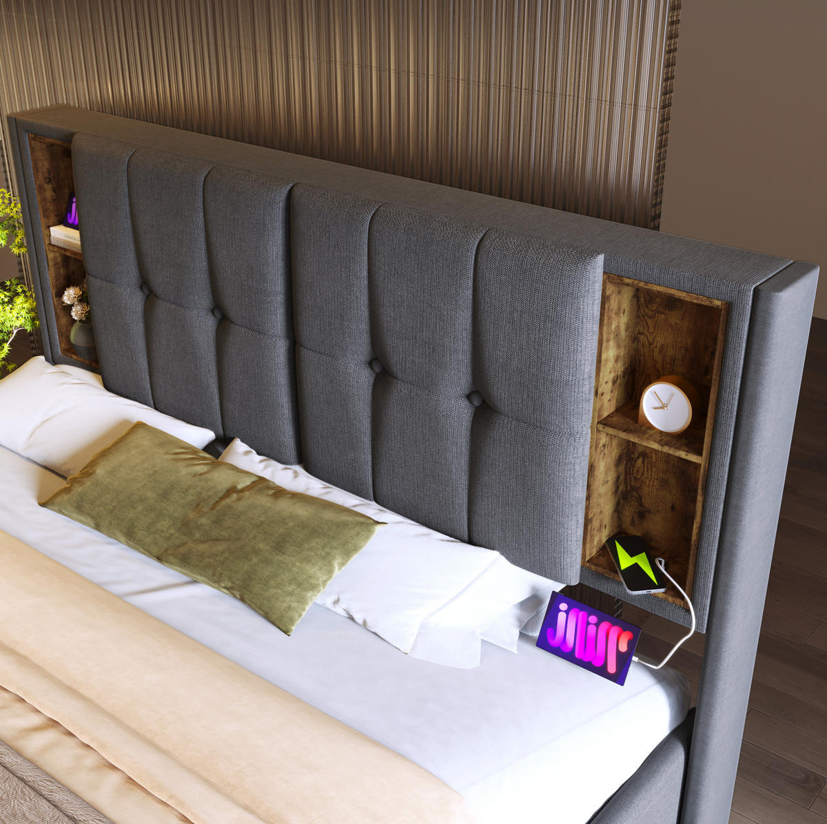 POLSTERBETT 180/200 cm Grau aus Baumwolle mit Stauraum und kabellosem Laden - Grau, Textil (180/200cm) - OKMYHOME
