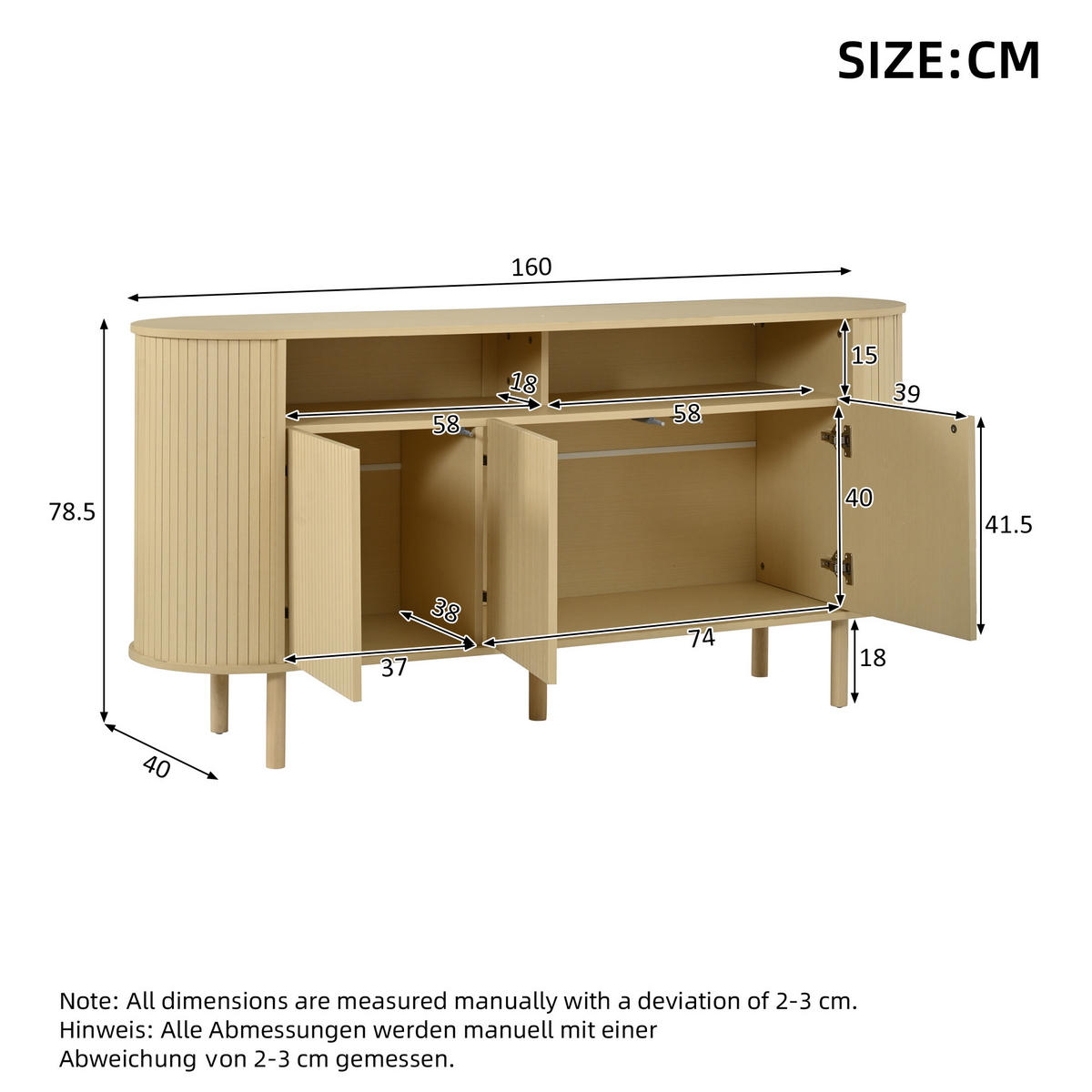 SIDEBOARD 160x40x78.5cm Naturholz mit 3 Wellentüren - Naturfarben, Holzwerkstoff (160/78.5/40cm) - FLIEKS