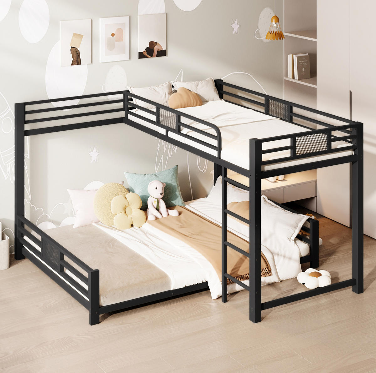 ETAGENBETT 90/200 über 140/200 cm aus Metall mit Schutzgittern und platzsparendem L-Design, Schwarz - Schwarz, Metall (140/200cm) - Redom