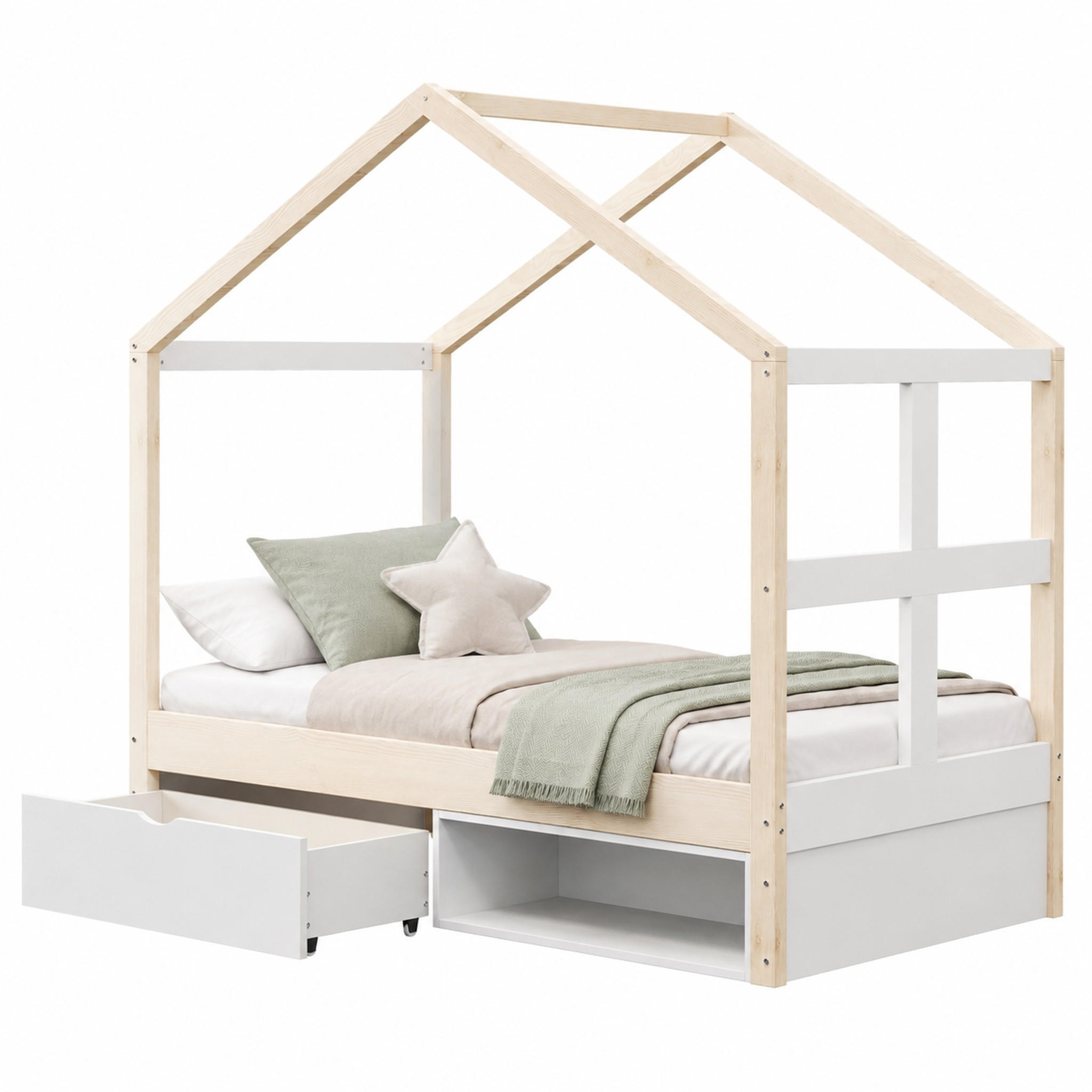 BETT mit Schublade, Schuhschrank und LED 90x190 cm Holzfarben - Braun, Holz (90/190cm) - Meubliv