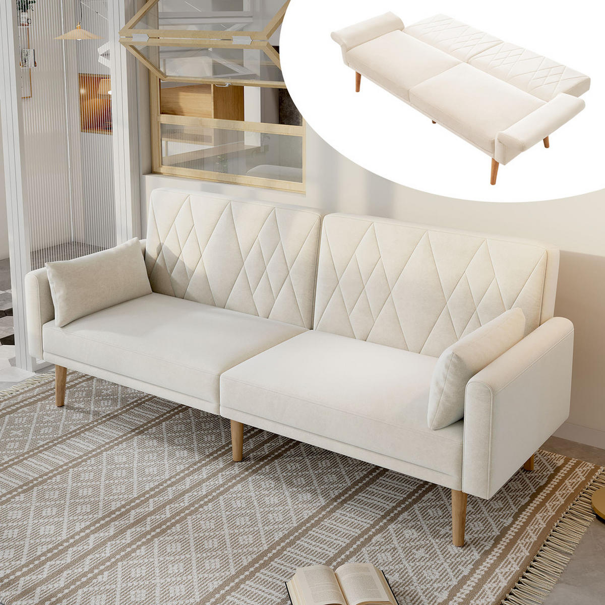 SCHLAFSOFA 2-Sitzer Samtstoff Bettfunktion Kompakt Beige - Beige, Holz (81.99/25.48/44.98cm) - FLIEKS