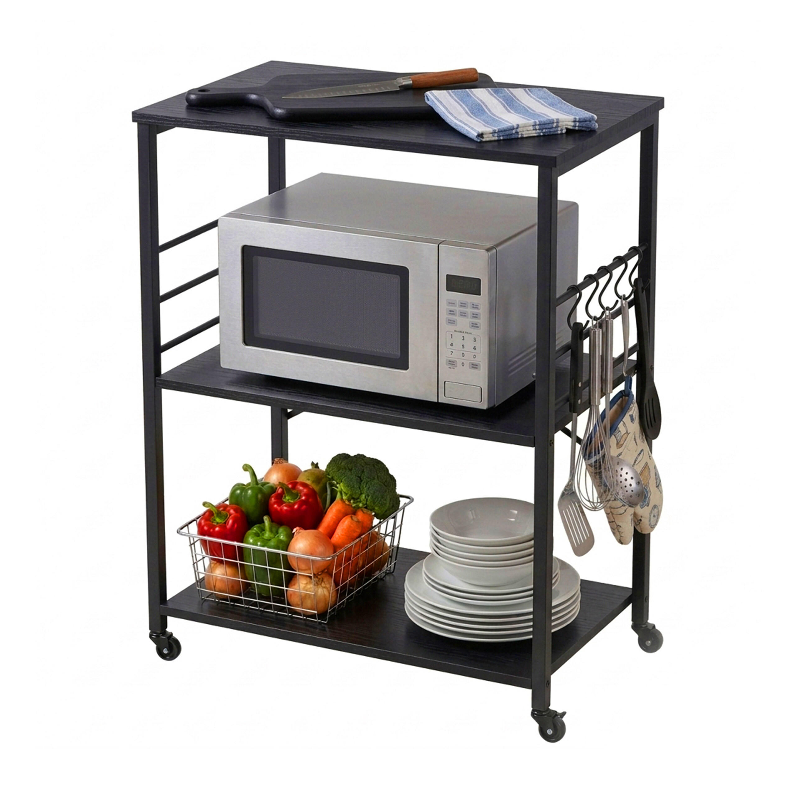 VOZIČEK za postrežbo - črna, kovina/leseni material (60/89/40cm) - Relaxdays