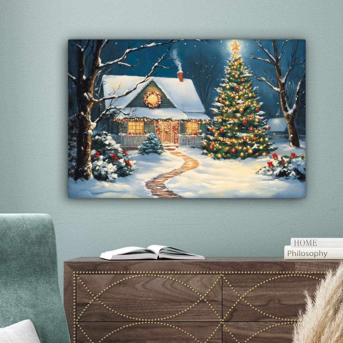 LEINWANDBILD Weihnachten - Weihnachtsbaum - Winter - Zuhause - Schnee Wanddeko 90x60 cm - Smaragdgrün, Textil (90/60cm) - MuchoWow
