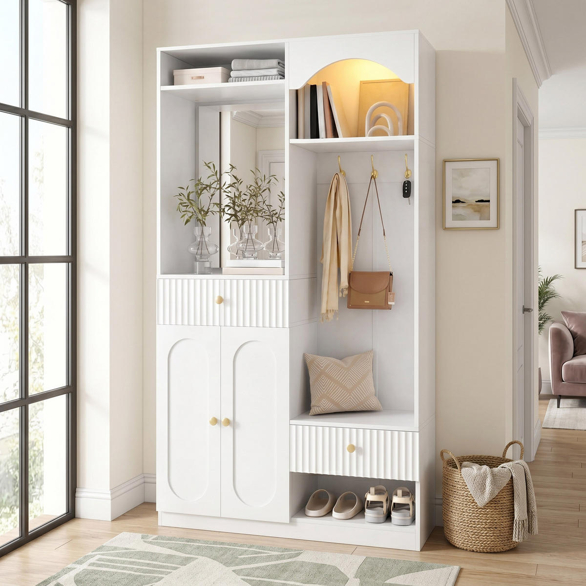 GARDEROBE 100cm Weiß mit LED, Spiegel, Schuhschrank & Sitzbank - Weiß, Holzwerkstoff (100/180/35cm) - Urban Meuble