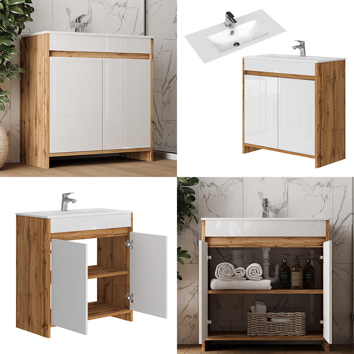 WASCHTISCHKOMBI Lemgo Goldkraft Eiche 2 Teile - Honigeiche/Weiß Hochglanz, Holzwerkstoff (79.8/81.9/40cm) - Vicco