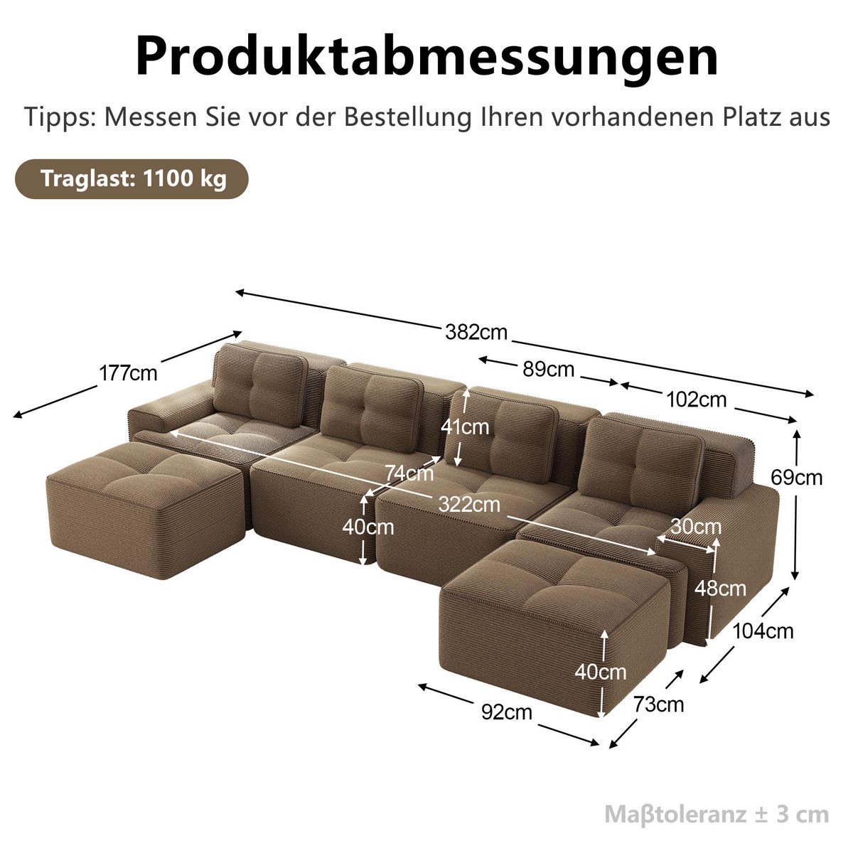 WOHNLANDSCHAFT DE-34113 modular 4-Sitzer mit Chaiselongue Braun - Braun, Textil (177/69/382cm) - ComfortXL