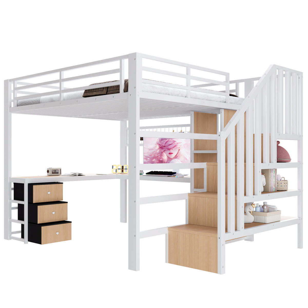 HOCHBETT 140/200 cm aus Metall mit LED, Schreibtisch, Stauraumtreppe, 4 Schubladen und Ablagefach, Weiß - Weiß, Metall (140/200cm) - Redom