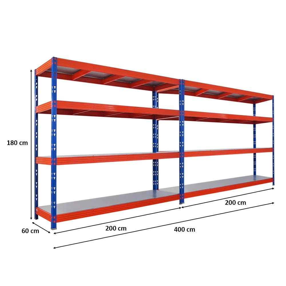 SCHWERLASTREGAL Dino 2er-Set 180x200x60cm 4 Stahlplatten-Ebenen Fachlast 500kg Blau-Orange - Blau/Orange, Metall (200/180/60cm) - PROREGAL