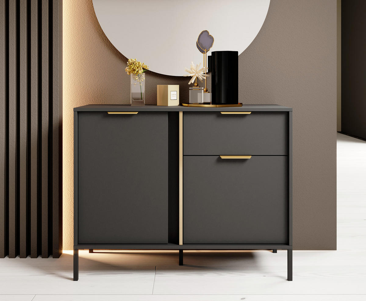 SIDEBOARD Catanian 2T 1S Grau 103,3/81,4/39,5 cm – mit goldenen Griffen und schwarzen Beinen - Schwarz/Grau, Holzwerkstoff/Metall (103.3/81.4/39.5cm) - AX Living