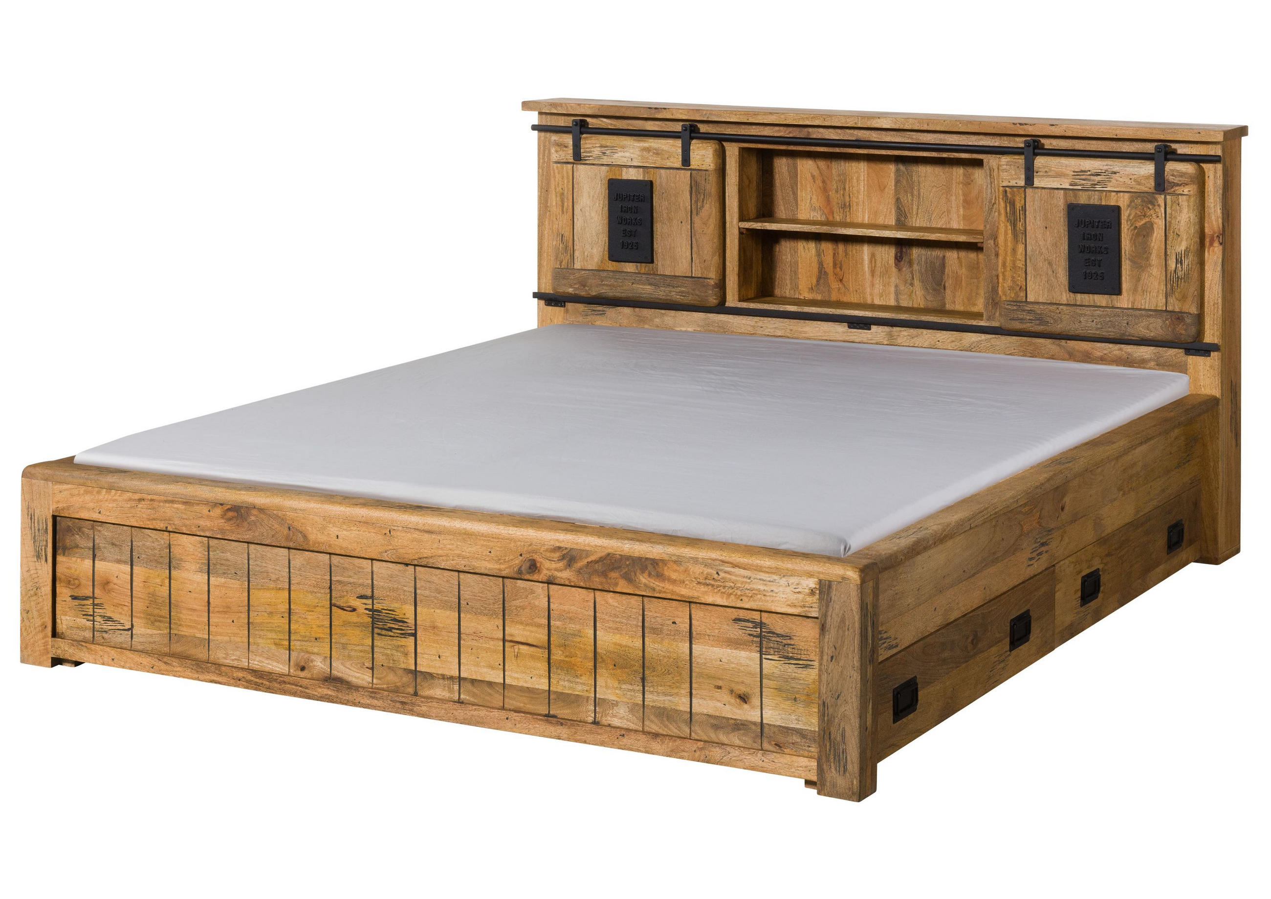 HOLZBETT mit Schublade Mango 180x200 natur lackiert RAILWAY #172 - Braun, Holz (180/200cm) - Massivmoebel24