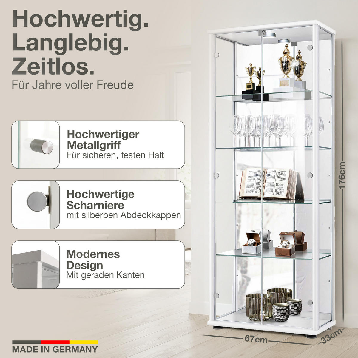 GLASVITRINE 33/67/176 cm mit Spiegel, LED, Schloss & 4 höhenverstellbaren Glasböden - Transparent/Silberfarben, Glas/Holzwerkstoff (67/176/33cm) - K-Möbel