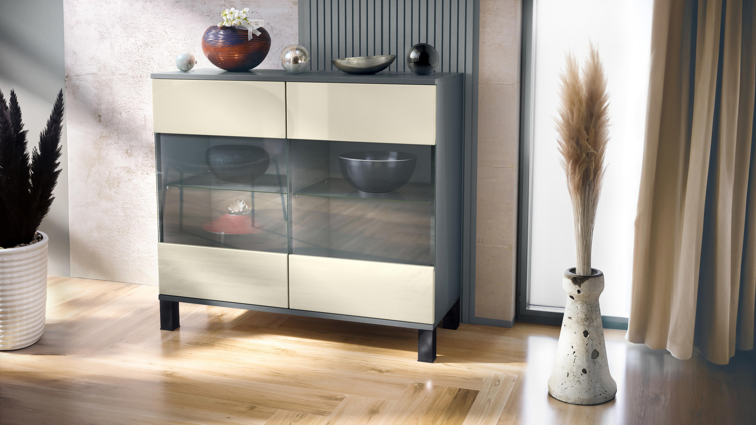 KOMMODE Bari Creme Hochglanz - Creme, Holzwerkstoff (92.5/84.5/35cm) - Vladon