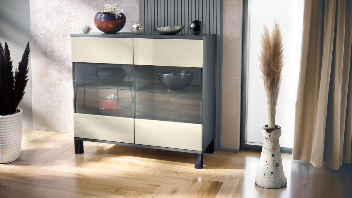KOMMODE Bari Creme Hochglanz - Creme, Holzwerkstoff (92.5/84.5/35cm) - Vladon